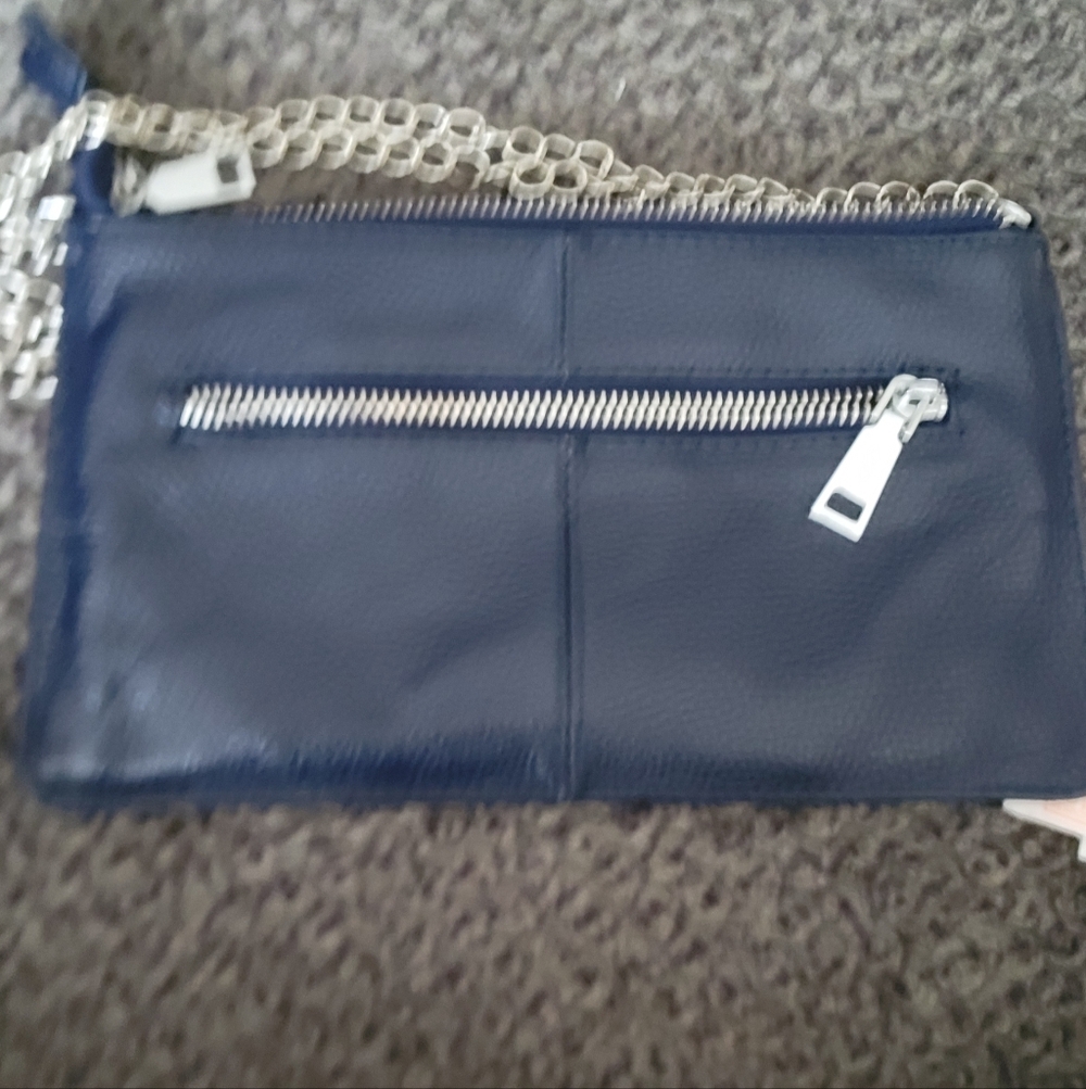 Navy Blue Leather Chain Crossbody 2 Way Bag